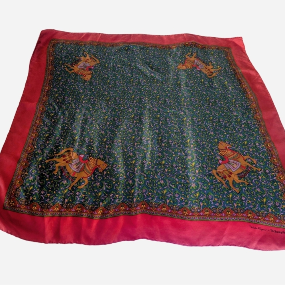 Salvatore Ferragamo Green and Red Horse Print Scarf